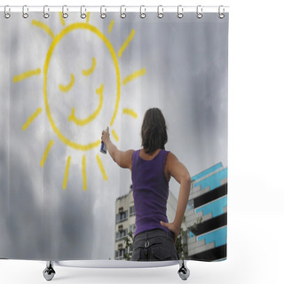 Personality  Woman Painting The Sun Onto The Cloudy Sky Shower Curtains