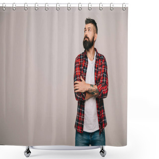 Personality  Thoughtful Bearded Man In Checkered Shirt Isolated On Grey With Copy Space  Shower Curtains