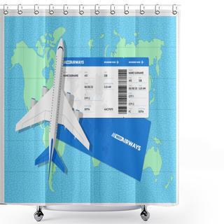 Personality  Realistic Airline Ticket Boarding Pass With Airplane On World Map. Air Travel By Aircraft Plane Blue Color Document Vector Illustration Shower Curtains