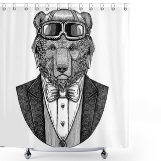 Personality  Brown Bear Russian Bear Animal Wearing Aviator Helmet And Jacket With Bow Tie Flying Club Hand Drawn Illustration For Tattoo, T-shirt, Emblem, Logo, Badge, Patch Shower Curtains