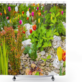 Personality  A Background Of A Green Garden Path With Beautiful Large Stones Boulders Border Plants Growing And Blooming Shower Curtains