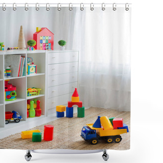 Personality  Children's Playroom With Plastic Colorful Educational Blocks Toys. Shower Curtains