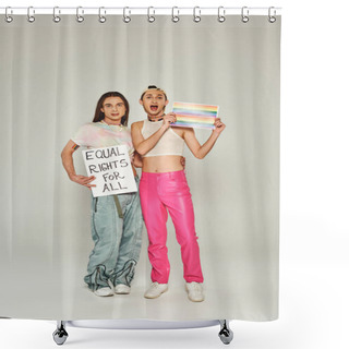 Personality  Emotional And Tattooed Lgbt People Holding Rainbow Flag Picture And Placard With Equal Rights For All Lettering While Standing Together On Pride Day, Grey Background  Shower Curtains