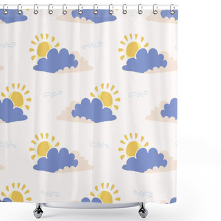 Personality  Hand Drawn Vector Cloud And Sun Illustration. Seamless Repeating Pattern Of Fluffy Cloudy Sky On White Background. Sketchy Creative Wallpaper, Trendy Kids Nursery Fashion Or Weather Forecast. Shower Curtains