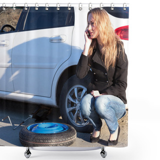 Personality  Woman With Damaged Car Calling For Help Shower Curtains