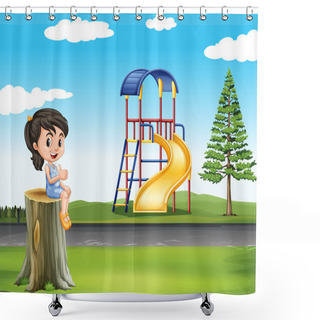 Personality  Girl Sitting On Log At The Park Shower Curtains