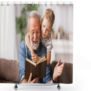 Personality  Happy Family Elderly  Man And Little Boy Smiling R While Sitting On Couch And Reading Fascinating Fairy Tale Together At Hom Shower Curtains