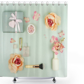 Personality  Valentine's Day Concept Background. Makeup Cosmetic Accessories, Pearl Make Up Powder And Brush, Flowers On Pale Grey Background. Flat Lay. Top View. Copy Space Shower Curtains