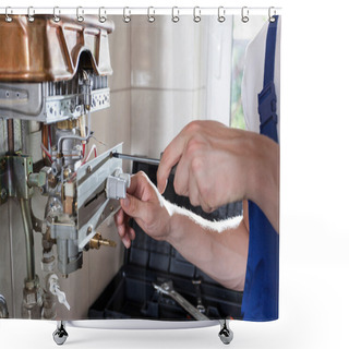 Personality  Handyman Adjusting Gas Water Heater Shower Curtains