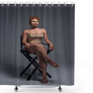 Personality  Full Length Of Redhead Plus Size Woman In Beige Underwear Sitting On Chair And Looking Away On Grey Shower Curtains