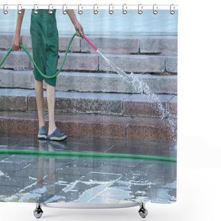 Personality  Worker From A Hose Watering The City Street Shower Curtains