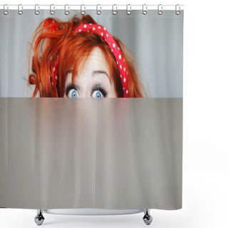 Personality  Funny Girl Hiding Behind A Table Shower Curtains