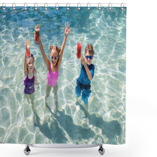 Personality  High Angle View Of Children Standing In Pool And Holding Fresh Fruit Cocktails In Raised Hands  Shower Curtains