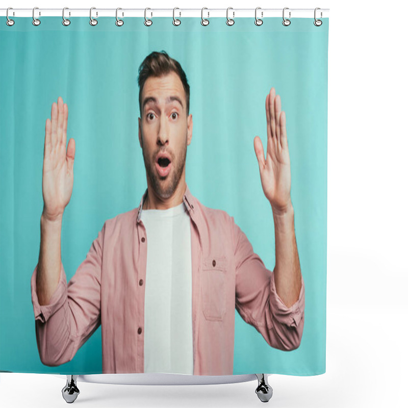 Personality  shocked handsome man with hands up, isolated on blue shower curtains