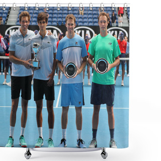 Personality  MELBOURNE, AUSTRALIA - JANUARY 27, 2019: Grand Slam Champions Nicolas Mahut FRA, P H Herbert FRA, Henri Kontinen FIN John Peers AUS During Trophy Presentation After 2019 Australian Open Final Match Shower Curtains