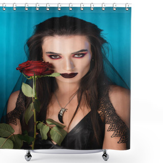 Personality  Young Brunette Woman With Dark Makeup Near Red Rose On Blue Shower Curtains