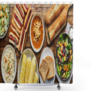 Personality  Table Top Meal With Hot Dogs, Grilled Cheese, Soup And Salad In Flat Lay Composition Shower Curtains