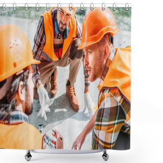 Personality  Close-up Shot Of Group Of Builders In Hard Hats Having Conversation About Blueprint Shower Curtains
