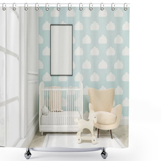 Personality  Close Up Of A Child's Room With Cloud Wallpaper On Blue Wall Shower Curtains