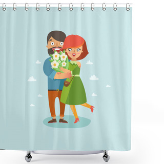Personality  Happy Fashion Young Couple In Love Smiling And Embracing Shower Curtains