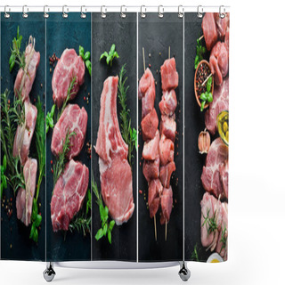 Personality  Photo Collage Raw Meat And Steak. Top View. Shower Curtains