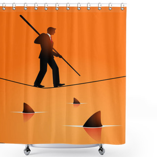 Personality  Businessman Walking On Rope With Sharks Underneath Shower Curtains