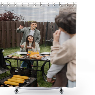 Personality  Parents Day Celebration, Happy Siblings Looking At Father And Mother On Blurred Background, Inviting To Table, Gesturing, Family Bbq, Grill Party, Preparing Food On Grill Bbq, Modern Parenting  Shower Curtains