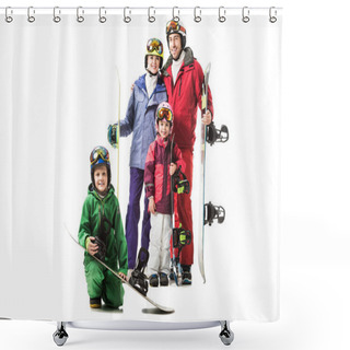 Personality  Cheerful Family Standing In Snowsuits With Snowboards And Smiling Isolated On White Shower Curtains