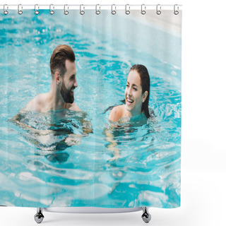 Personality  Handsome Bearded Man Looking At Attractive Woman In Swimming Pool  Shower Curtains