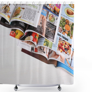 Personality  Many Open Magazines On White Wooden Table, Above View Shower Curtains