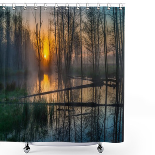 Personality  Sunrise Over Foggy Wetlands Shower Curtains