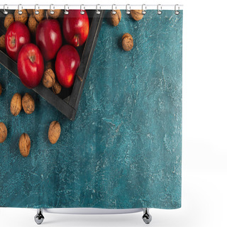Personality  Black Wooden Tray With Red Apples And Walnuts On Blue Textured Surface, Thanksgiving Setting Shower Curtains
