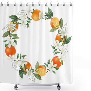 Personality  Wreath Of Hand Drawn Blooming Orange Tree Branches, Orange Flowers And Oranges, Isolated Illustration On A White Background Shower Curtains
