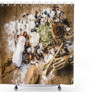 Personality  Close Up Of Mixture Of Ayurvedic Herbs For The Treatment Of Tooth Problems I.e Alum Powder,potassium Aluminum Sulfate Dodecahydrate,soap Nut,Sapindus , Powder Of Neem Bush & Salt, Sodium Chloride. Shower Curtains