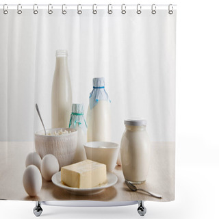 Personality  Various Fresh Organic Dairy Products And Eggs On Wooden Table Isolated On White Shower Curtains