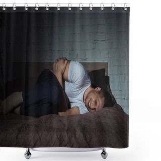 Personality  Young Man With Closed Eyes Suffering From Post Traumatic Stress Disorder While Lying On Bed At Night  Shower Curtains