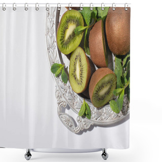 Personality  Top View Of Tasty Kiwi Fruits Near Fresh Peppermint On Silver Plate Isolated On White Shower Curtains