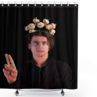 Personality  Saint Vampire With Garlic Halo Shower Curtains