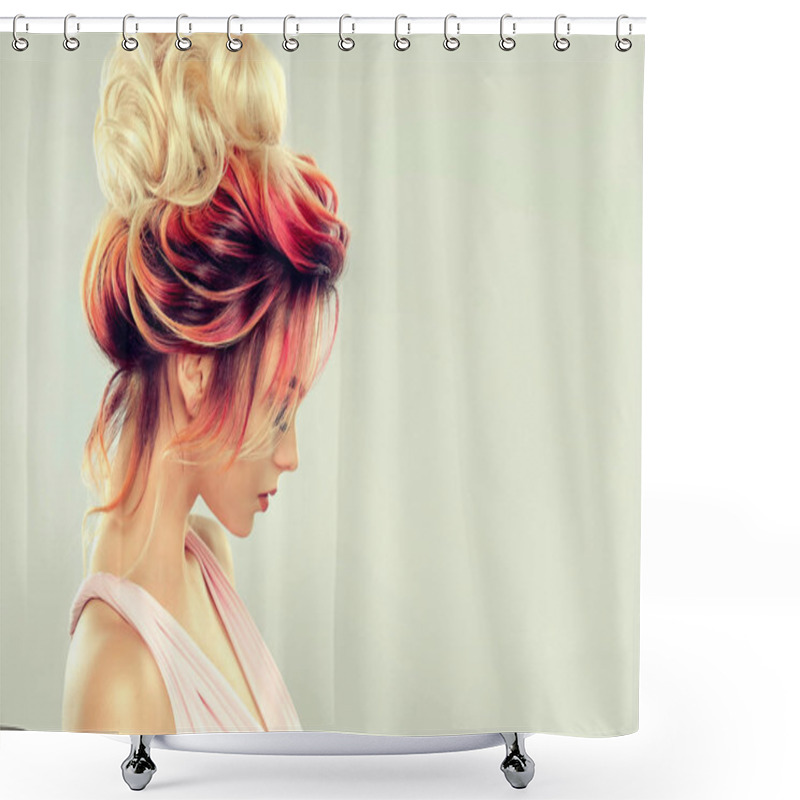 Personality  Beautiful model girl with elegant multi colored hairstyle . Stylish Woman with fashion hair color highlighting. Creative red and pink roots , trendy coloring. shower curtains