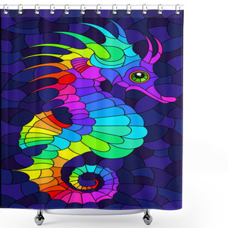 Personality  Stained Glass Illustration With A Bright Rainbow Cartoon Seahorse On A Dark Blue Background, Rectangular Image Shower Curtains