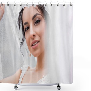 Personality  Young Bride In Wedding Dress Holding Blurred Veil  Shower Curtains