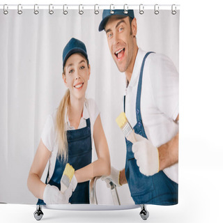 Personality  Two Cheerful Painters In Uniform Holding Paintbrushes And Smiling At Camera Shower Curtains