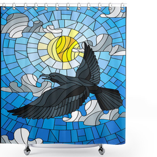 Personality  Illustration In Stained Glass Style Raven On The Background Of Sky, Sun And Clouds Shower Curtains