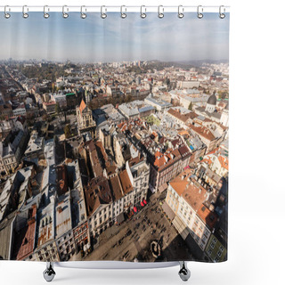 Personality  Scenic Aerial View Of Historical Center And People Walking On Market Square In Lviv, Ukraine Shower Curtains
