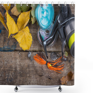 Personality  Fishing Tackles On Wooden Of Autumn Shower Curtains