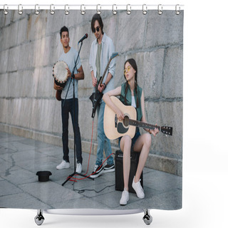Personality  Young Girl And Multiracial Men With Musical Instruments Performing On Sunny City Street Shower Curtains