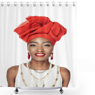 Personality  Smiling African American Woman In Stylish Clothing Isolated On White Shower Curtains