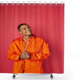Personality  Joyful And Trendy African American Man In Orange Shirt Looking Away On Red Background Shower Curtains