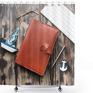 Personality  Brown Leather Notebook And Accessories On A Old Wooden Table Shower Curtains