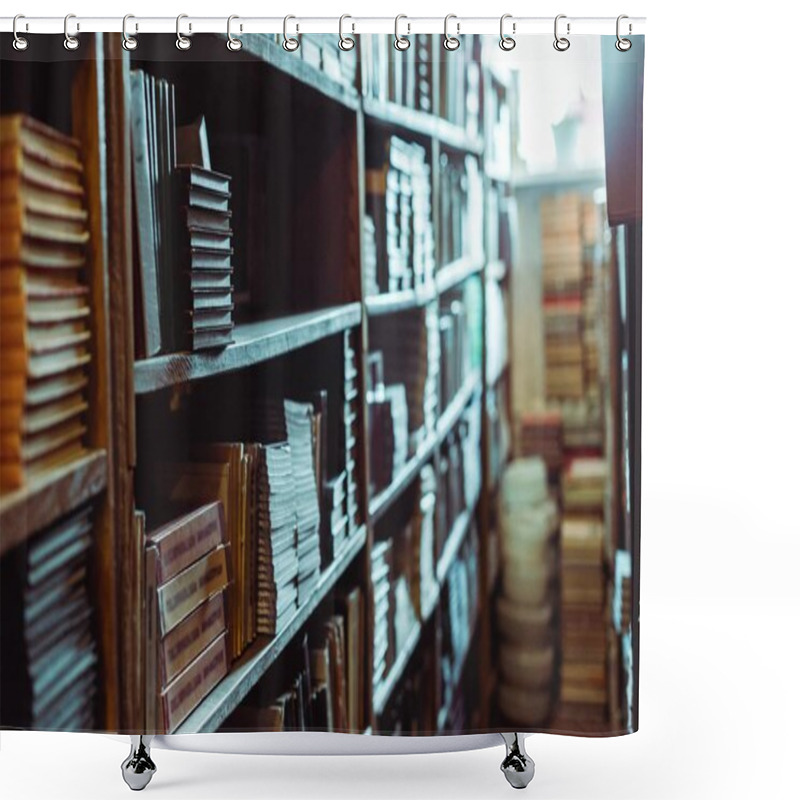 Personality  Selective Focus Of Retro Books On Wooden Shelves In Library  Shower Curtains